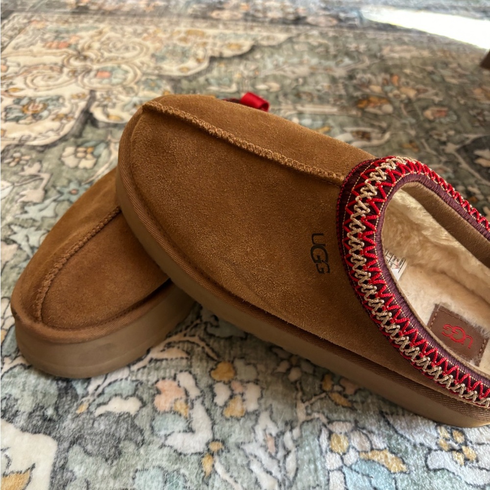 UGG womens Brown Suede Slip-Ons with Red Trim